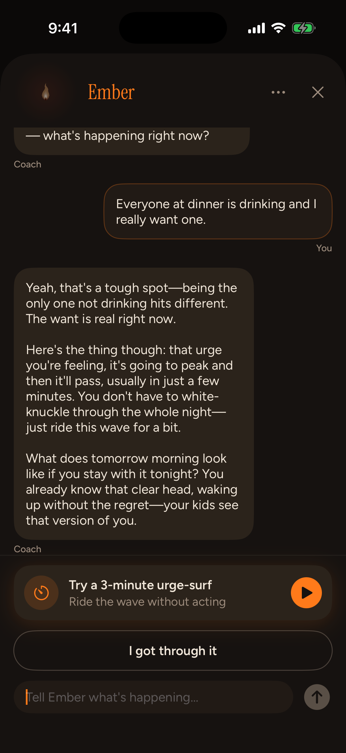 Ember's craving coach responding warmly to a user during a craving