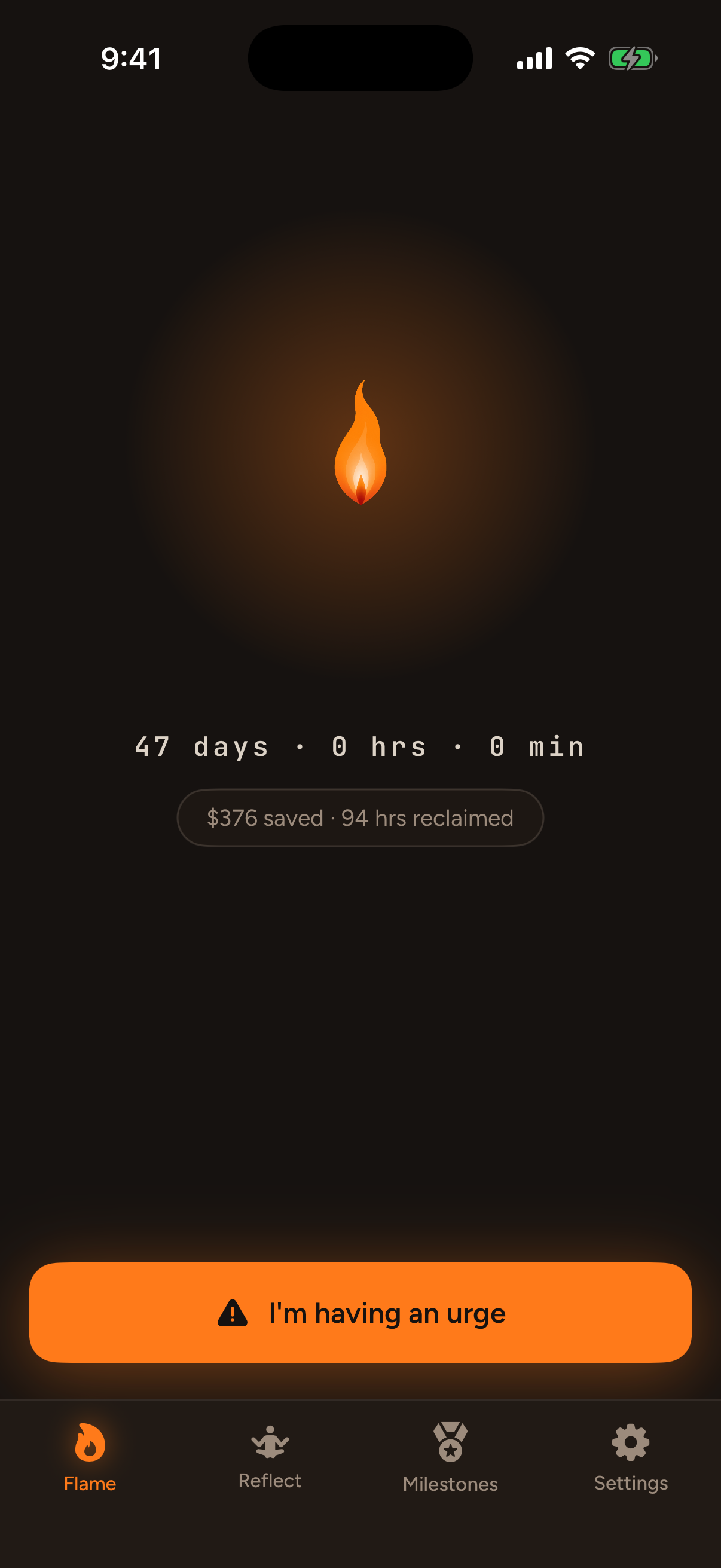 Ember home screen showing a lit flame and 47 sober days
